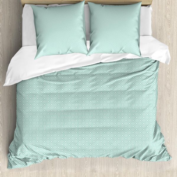 Abakuhaus Set Copripiumino Geometrico Per Letti Singoli, Rombi Simmetrici Annidati, Antiacaro, Adatto A Chi Soffre Di Allergie, Con Federa, 155 Cm X 220 Cm - 80 X 80 Cm, Verde Acqua E Bianco-image
