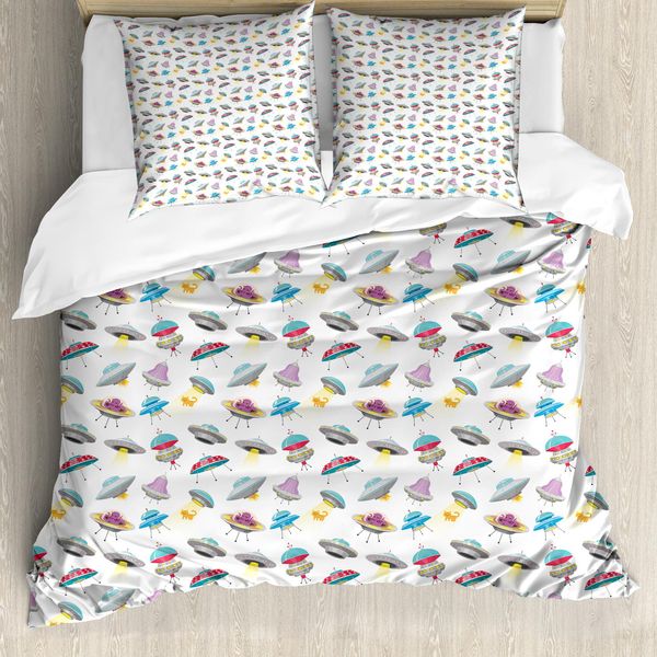 Abakuhaus Set Copripiumino Extraterrestre Per Letti Singoli, Mosche Iconici Oggetti Cosmici, Antiacaro Adatto A Chi Soffre Di Allergie Con Federa, 155 Cm X 220 Cm - 80 X 80 Cm, Multicolore-image