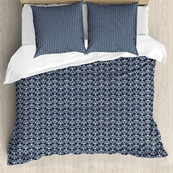 Abakuhaus Set Copripiumino Geometrico Per Letti Singoli, Tribal Triangular Zigzags, Antiacaro, Adatto A Chi Soffre Di Allergie, Con Federa, 200 Cm X 200 Cm - 80 X 80 Cm, Blu Notte Azzurro-image
