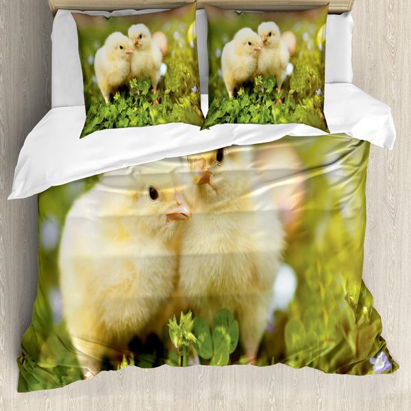 Abakuhaus Set Copripiumino Per Letti Singoli, Foto Con Pulcini, Antiacaro, Adatto A Chi Soffre Di Allergie, Con Federa, 155 Cm X 220 Cm - 80 X 80 Cm, Giallo Pallido Verde Felce-image