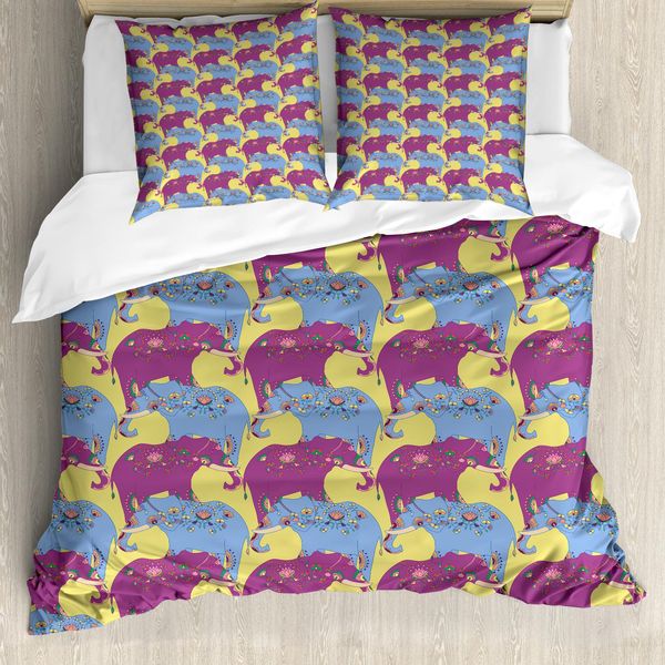 Abakuhaus Set Copripiumino Etnico Per Letti Singoli, Oriental Floral Elefanten, Antiacaro, Adatto A Chi Soffre Di Allergie, Con Federa, 200 Cm X 200 Cm - 80 X 80 Cm, Giallo Verde Multicolore-image