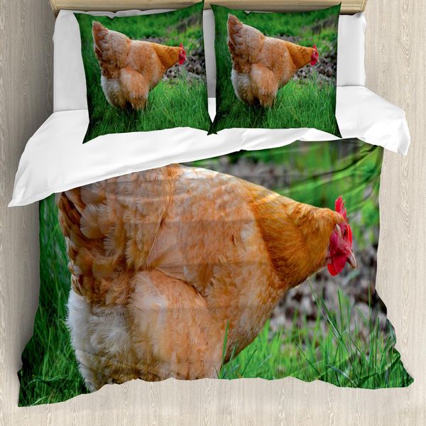 Abakuhaus Set Copripiumino Per Letto Singolo, Foto Di Gallina Su Prato, Antiacaro, Adatto A Chi Soffre Di Allergie, Con Federa, 155 Cm X 220 Cm - 80 X 80 Cm, Color Cannella E Verde Felce-image