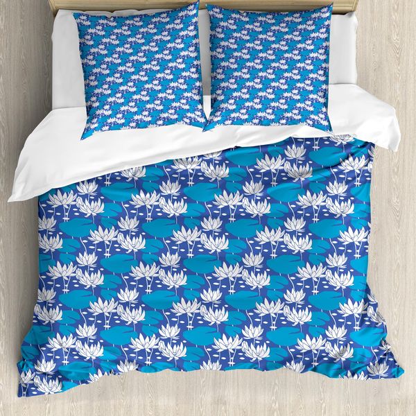 Abakuhaus Set Copripiumino Per Letti Singoli, Fiori Di Ninfea, Antiacaro, Adatto A Chi Soffre Di Allergie, Con Federa, 200 Cm X 200 Cm - 80 X 80 Cm, Viola Blu Mare Blu-image