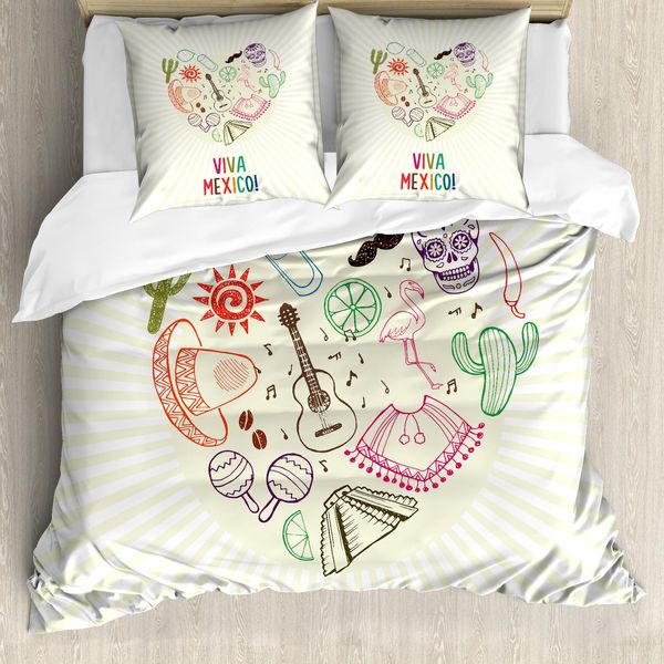 Abakuhaus Set Copripiumino Spagnolo Per Letti Singoli, Viva Mexico Folklore, Antiacaro, Adatto A Chi Soffre Di Allergie, Con Federa, 200 Cm X 200 Cm - 80 X 80 Cm, Color Crema E Multicolore-image