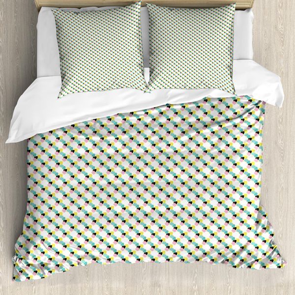 Abakuhaus Set Copripiumino Geometrico Per Letti Singoli, Abstract Memphis Squares, Antiacaro, Adatto A Chi Soffre Di Allergie, Con Federa, 200 Cm X 200 Cm - 80 X 80 Cm, Avorio Multicolore-image