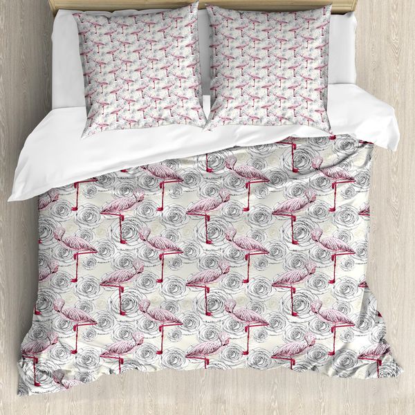 Abakuhaus Set Copripiumino Per Letto Singolo, Rose E Fenicotteri, Antiacaro, Adatto A Chi Soffre Di Allergie, Con Federa, 200 Cm X 200 Cm - 80 X 80 Cm, Avorio-Rosa Baby-image