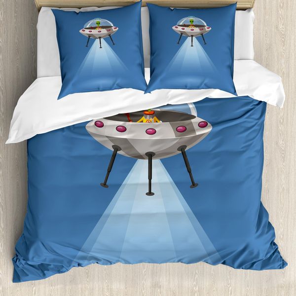 Abakuhaus Set Copripiumino Extraterrestre Per Letti Singoli, Astronave Extraterrestre, Antiacaro, Adatto A Chi Soffre Di Allergie, Con Federa, 200 Cm X 200 Cm - 80 X 80 Cm, Viola Scuro Multicolore-image