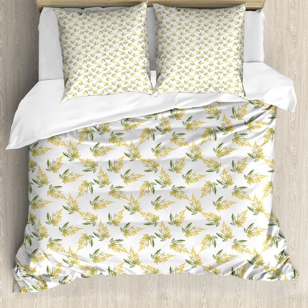 Abakuhaus Set Copripiumino Per Letti Singoli, Foglia D'acero Autunnale Galleggiante, Antiacaro, Adatto A Chi Soffre Di Allergie, Con Federa, 155 Cm X 220 Cm - 80 X 80 Cm, Senape Verde Oliva-image