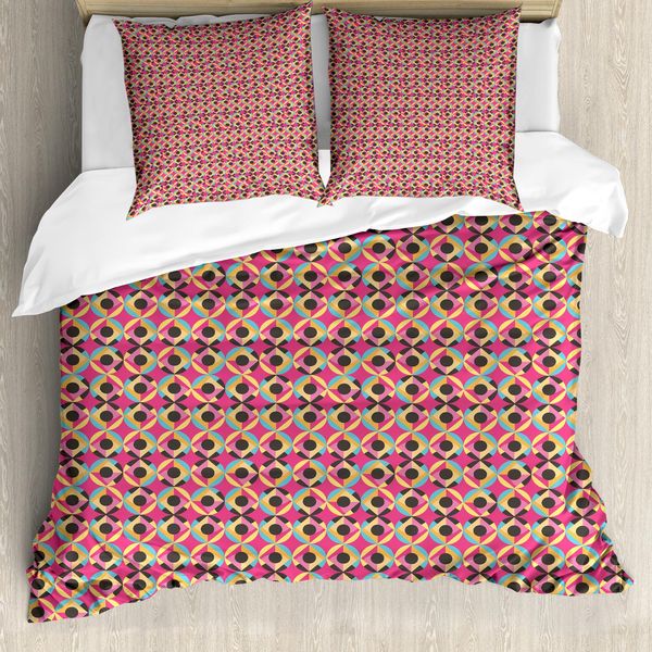 Abakuhaus Set Copripiumino Geometrico Per Letti Singoli, Cerchi E Quadrati Vivaci, Antiacaro, Adatto A Chi Soffre Di Allergie, Con Federa, 200 Cm X 200 Cm - 80 X 80 Cm, Rosa Pastello Multicolore-image