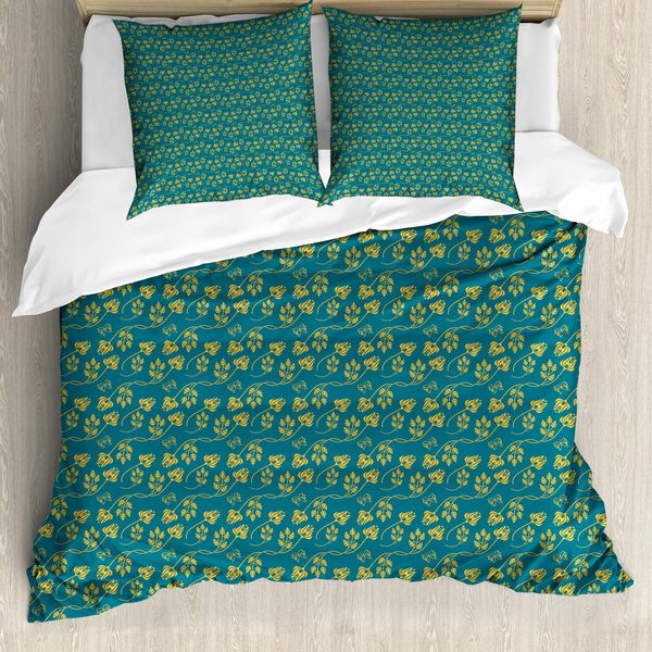 Abakuhaus Set Copripiumino Per Letti Singoli, Damasco Con Motivi Floreali Orientali, Antiacaro E Anallergico, Con Federa, 200 Cm X 200 Cm - 80 X 80 Cm, Blu Petrolio E Giallo Terra-image