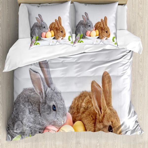 Abakuhaus Set Copripiumino Coniglietto Pasquale Per Letti Singoli, 2 Coniglietti Con Uova, Antiacaro, Adatto A Chi Soffre Di Allergie, Con Federa, 200 Cm X 200 Cm - 80 X 80 Cm, Multicolore-image
