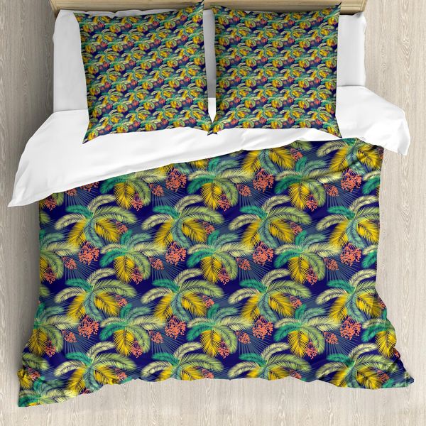 Abakuhaus Set Copripiumino Tropicale Per Letti Singoli, Foglie Di Palma Aloha Esotiche, Antiacaro, Adatto A Chi Soffre Di Allergie, Con Federa, 200 Cm X 200 Cm - 80 X 80 Cm, Indaco E Multicolore-image