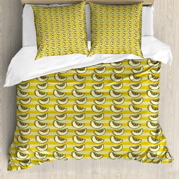 Abakuhaus Set Copripiumino Per Letto Singolo Melone, A Fette, Strisce, Antiacaro, Adatto A Chi Soffre Di Allergie, Con Federa, 200 Cm X 200 Cm - 80 X 80 Cm, Verde Avocado-Crema-image