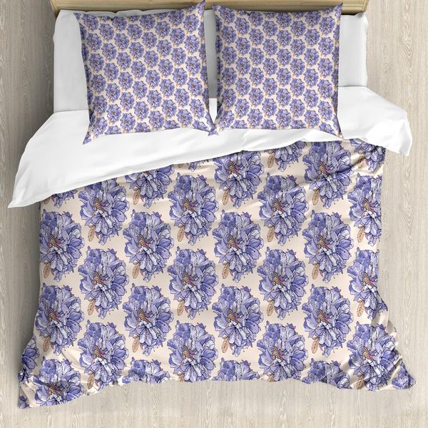 Abakuhaus Set Copripiumino Per Letto Singolo, Bouquet Di Fiori Primaverili, Antiacaro, Adatto A Chi Soffre Di Allergie, Con Federa, 200 Cm X 200 Cm - 80 X 80 Cm, Champagne Lavanda-Blu-image