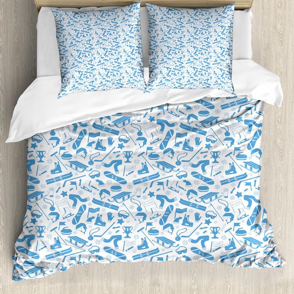 Abakuhaus Set Copripiumino Per Letti Singoli, Motivi Sportivi Invernali, Antiacaro, Adatto A Chi Soffre Di Allergie, Con Federa, 155 Cm X 220 Cm - 80 X 80 Cm, Blu Cielo Profondo E Bianco-image