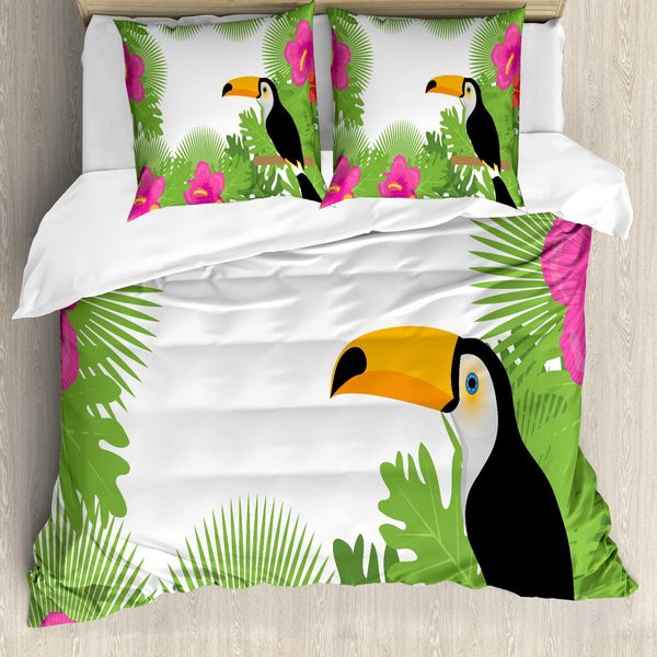 Abakuhaus Set Copripiumino Tropicale Per Letti Singoli, Piante Esotiche E Uccelli, Antiacaro, Adatto A Chi Soffre Di Allergie, Con Federa, 200 Cm X 200 Cm - 80 X 80 Cm, Verde Lime Multicolore-image