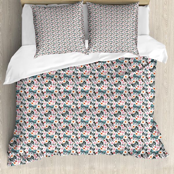 Abakuhaus Set Copripiumino Per Letto Singolo, Farfalle, Insetti E Fiorellini, Antiacaro, Adatto A Chi Soffre Di Allergie, Con Federa, 155 Cm X 220 Cm - 80 X 80 Cm, Multicolore-image