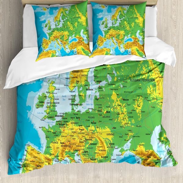 Abakuhaus Set Copripiumino Per Letti Singoli, Mappa Dell'europa Altamente Dettagliata, Antiacaro, Adatto A Chi Soffre Di Allergie, Con Federa, 155 Cm X 220 Cm - 80 X 80 Cm, Multicolore-image