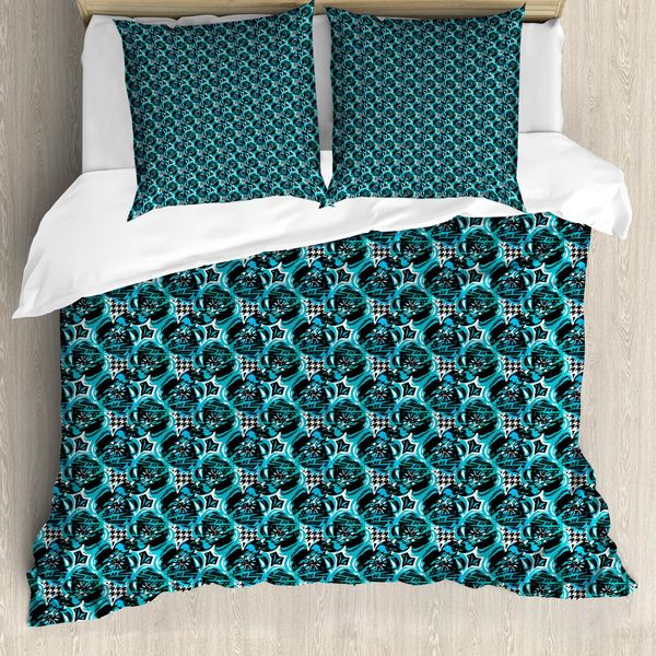 Abakuhaus Set Copripiumino Astratto Per Letti Singoli, Fiori E Piede D'oca Artistico, Antiacaro, Adatto A Chi Soffre Di Allergie, Con Federa, 155 Cm X 220 Cm - 80 X 80 Cm, Aqua Sky Blue-image