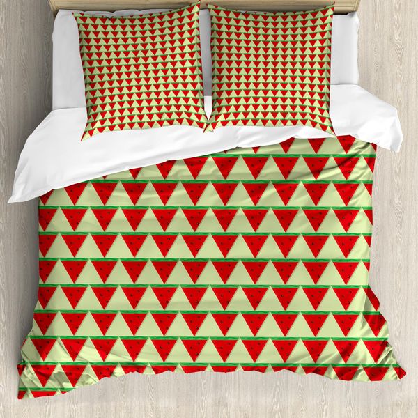 Abakuhaus Set Copripiumino Per Letto Singolo, Triangoli Con Fette Di Anguria, Antiacaro, Adatto A Chi Soffre Di Allergie, Con Federa, 200 Cm X 200 Cm - 80 X 80 Cm, Verde Felce Vermiglio-image