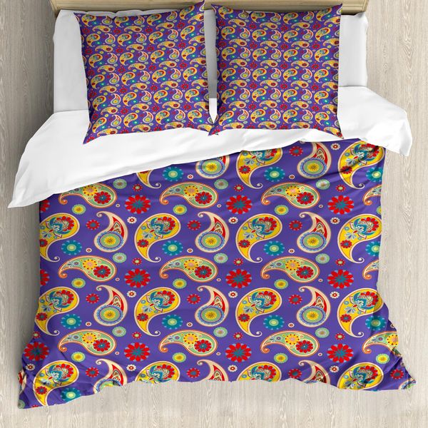 Abakuhaus Set Copripiumino Paisley Per Letti Singoli, Motivo Floreale Buta Eastern, Antiacaro, Adatto A Chi Soffre Di Allergie, Con Federa, 155 Cm X 220 Cm - 80 X 80 Cm, Blu Viola Multicolore-image