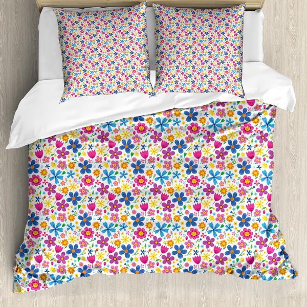 Set Copripiumino Abakuhaus Per Letti Singoli, Divertenti Fiori Primaverili Cartoon, Antiacaro, Adatto A Chi Soffre Di Allergie, Con Federa, 155 Cm X 220 Cm - 80 X 80 Cm, Multicolore-image