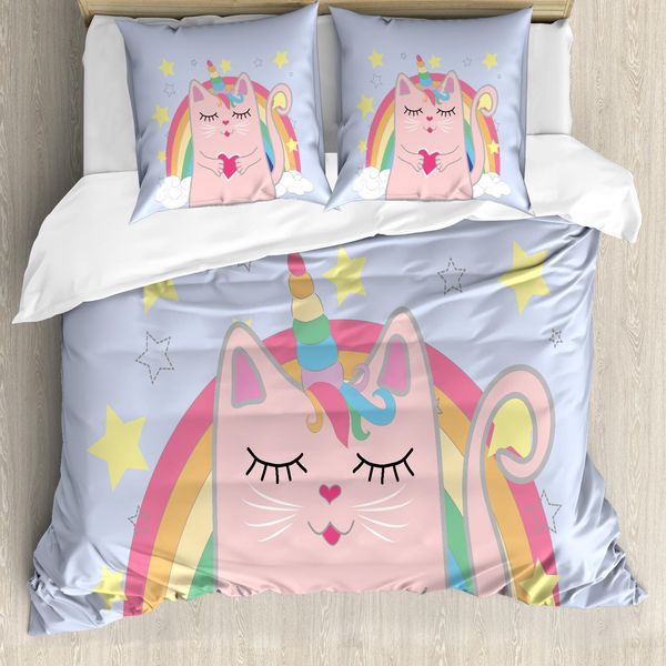 Abakuhaus Set Copripiumino Arcobaleno Per Letti Singoli, Disegno Gatti-Cuori-Gattini, Antiacaro, Adatto A Chi Soffre Di Allergie, Con Federa, 155 Cm X 220 Cm - 80 X 80 Cm, Rosa-Rosa Baby-image