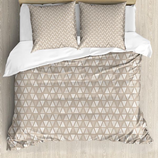 Abakuhaus Set Copripiumino Geometrico Per Letti Singoli, Abstract Neutral Triangle, Antiacaro, Adatto A Chi Soffre Di Allergie, Con Federa, 200 Cm X 200 Cm - 80 X 80 Cm, Pale Sepia E Bianco-image
