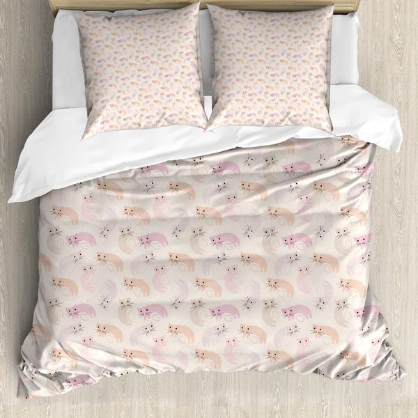 Abakuhaus Set Copripiumino Per Letto Singolo, Childish Kitties Pastell Liebe, Antiacaro, Adatto A Chi Soffre Di Allergie, Con Federa, 200 Cm X 200 Cm - 80 X 80 Cm, Salmone E Multicolore-image