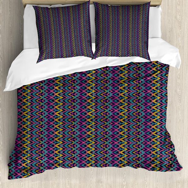 Set Copripiumino Abakuhaus Per Letti Singoli, Motivi Folcloristici Astratti A Zigzag, Antiacaro E Anallergico, Con Federa, 155 Cm X 220 Cm - 80 X 80 Cm, Multicolore-image