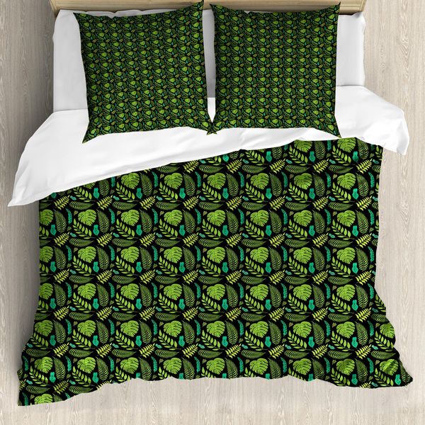 Abakuhaus Set Copripiumino Esotico Per Letti Singoli, Foglie Tropicali, Antiacaro, Adatto A Chi Soffre Di Allergie, Con Federa, 200 Cm X 200 Cm - 80 X 80 Cm, Grigio Antracite E Verde Lime-image