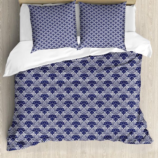 Abakuhaus Set Copripiumino Orientale Per Letti Singoli, Motivo Floreale, Antiacaro, Adatto A Chi Soffre Di Allergie, Con Federa, 200 Cm X 200 Cm - 80 X 80 Cm, Indaco Bianco-image