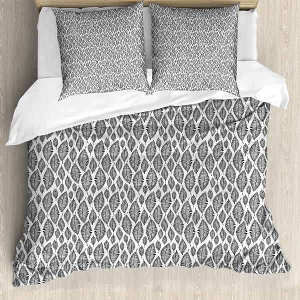 Set Copripiumino Botanico Abakuhaus Per Letti Singoli, Foglie Esotiche Modernistiche, Antiacaro, Adatto A Chi Soffre Di Allergie, Con Federa, 155 Cm X 220 Cm - 80 X 80 Cm, Grigio Antracite E Bianco-image