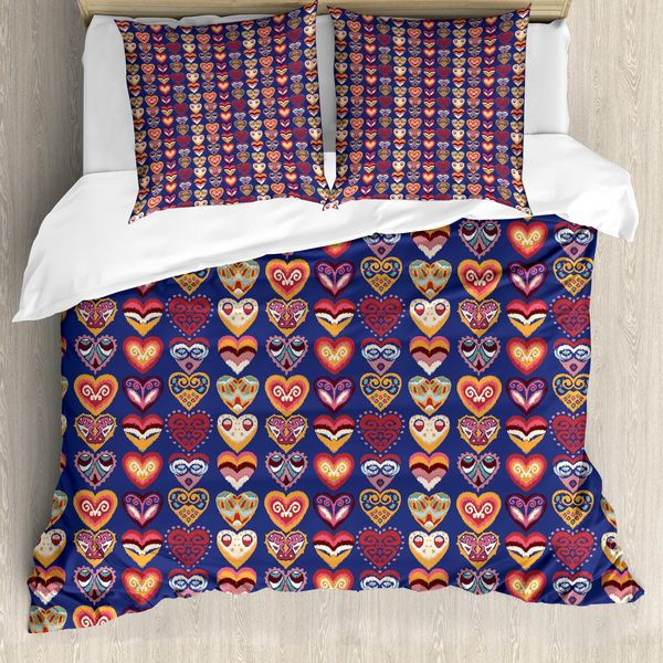 Abakuhaus Set Copripiumino Per Letti Singoli, Disegno Colorato A Cuori, Antiacaro, Adatto A Chi Soffre Di Allergie, Con Federa, 155 Cm X 220 Cm - 80 X 80 Cm, Lavanda Scuro Multicolore-image