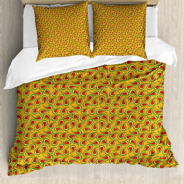Abakuhaus Set Copripiumino Paisley Per Letti Singoli, Motivo Astratto In Stile Orientale, Antiacaro E Anallergico, Con Federa, 155 Cm X 220 Cm - 80 X 80 Cm, Giallo Terra Vermiglio-image