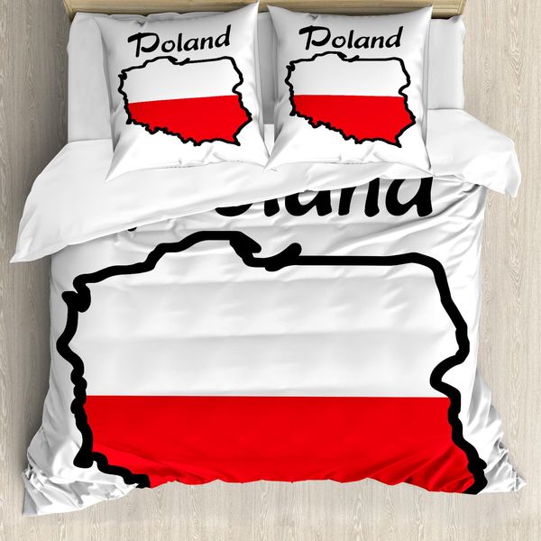 Abakuhaus Polonia Set Copripiumino Per Letti Singoli, Illustrazione Con Mappa E Bandiera, Antiacaro, Adatto A Chi Soffre Di Allergie, Con Federa, 200 Cm X 200 Cm - 80 X 80 Cm, Vermiglio E Grigio Antracite-image