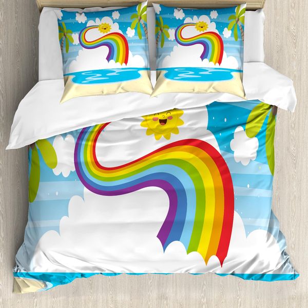Abakuhaus Set Copripiumino Arcobaleno Per Letti Singoli, Cartoon Sun Holiday, Antiacaro, Adatto A Chi Soffre Di Allergie, Con Federa, 200 Cm X 200 Cm - 80 X 80 Cm, Multicolore-image