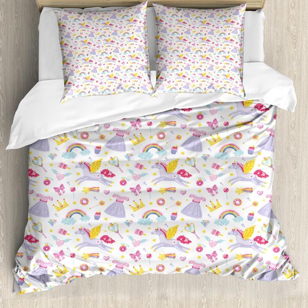Abakuhaus Set Copripiumino Arcobaleno Per Letti Singoli, Unicorno-Pegaso-Caramelle, Antiacaro, Adatto A Chi Soffre Di Allergie, Con Federa, 155 Cm X 220 Cm - 80 X 80 Cm, Multicolore-image