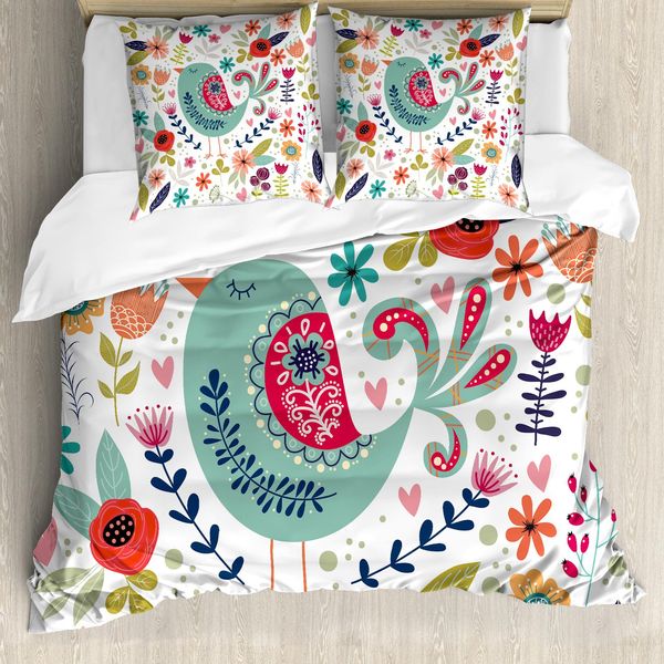 Abakuhaus Set Copripiumino Per Letto Singolo, Decorato Con Uccelli E Fiori, Antiacaro, Adatto A Chi Soffre Di Allergie, Con Federa, 155 Cm X 220 Cm - 80 X 80 Cm, Multicolore-image