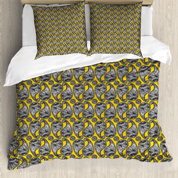 Abakuhaus Set Copripiumino Paisley Per Letti Singoli, Motivo Orientale Modernizzato, Antiacaro, Adatto A Chi Soffre Di Allergie, Con Federa, 200 Cm X 200 Cm - 80 X 80 Cm, Giallo Terra, Tortora Chiaro-image