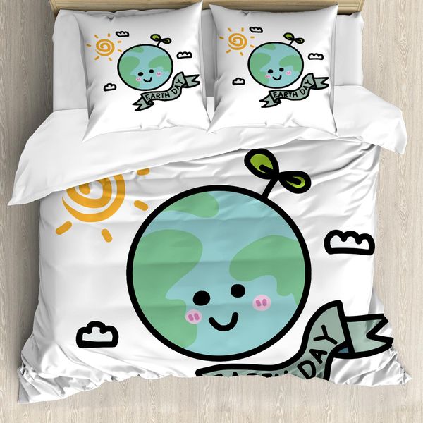 Abakuhaus Giornata Della Terra Set Copripiumino Per Letti Singoli, Childish Globe Doodle, Antiacaro, Adatto A Chi Soffre Di Allergie, Con Federa, 155 Cm X 220 Cm - 80 X 80 Cm, Pale Teal E Multicolor-image