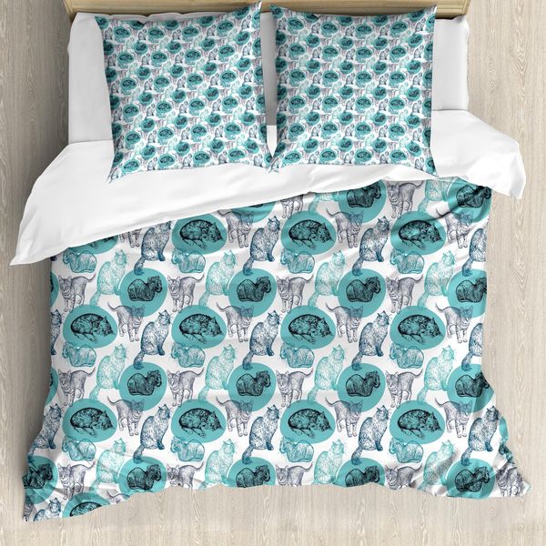 Abakuhaus Set Copripiumino Per Letto Singolo Con Motivo Cani E Gatti, Disegni A Matita, Antiacaro, Adatto A Chi Soffre Di Allergie, Con Federa, 155 Cm X 220 Cm - 80 X 80 Cm, Blu Cielo Scuro Blu Cadetto-image