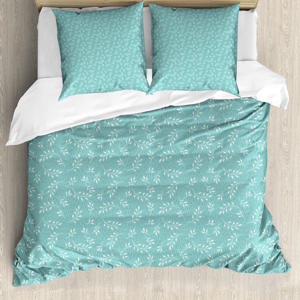 Abakuhaus Set Copripiumino Botanico Per Letti Singoli, Rami Fogliati Semplici, Antiacaro, Adatto A Chi Soffre Di Allergie, Con Federa, 200 Cm X 200 Cm - 80 X 80 Cm, Blu Acqua, Grigio, Bianco-image