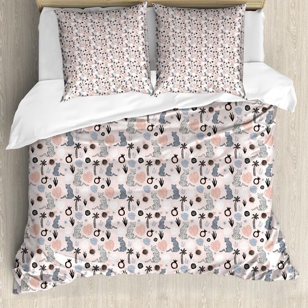 Abakuhaus Set Copripiumino Esotico Per Letti Singoli, Leopardi Melograno Palme, Antiacaro Adatto A Chi Soffre Di Allergie Con Federa, 200 Cm X 200 Cm - 80 X 80 Cm, Rosa Coke Grigio-image
