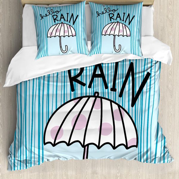 Set Copripiumino Abakuhaus Per Letti Singoli, Hello Rain Wording Umbrella, Antiacaro, Adatto A Chi Soffre Di Allergie, Con Federa, 200 Cm X 200 Cm - 80 X 80 Cm, Blu Pallido Malva-image