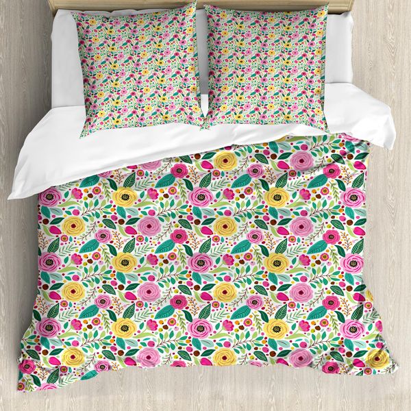 Abakuhaus Set Copripiumino Per Letto Singolo, Doodle Peonie Bacche Foglie, Antiacaro Adatto A Chi Soffre Di Allergie Con Federa, 200 Cm X 200 Cm - 80 X 80 Cm, Multicolore-image