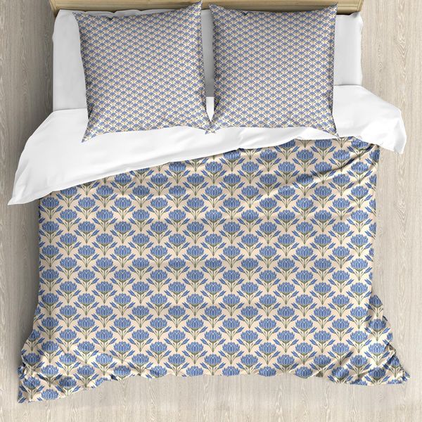 Abakuhaus Set Copripiumino Per Letti Singoli, Fiori Simmetrici Con Boccioli, Antiacaro, Adatto A Chi Soffre Di Allergie, Con Federa, 155 Cm X 220 Cm - 80 X 80 Cm, Champagne Scuro Ceil Blu-image
