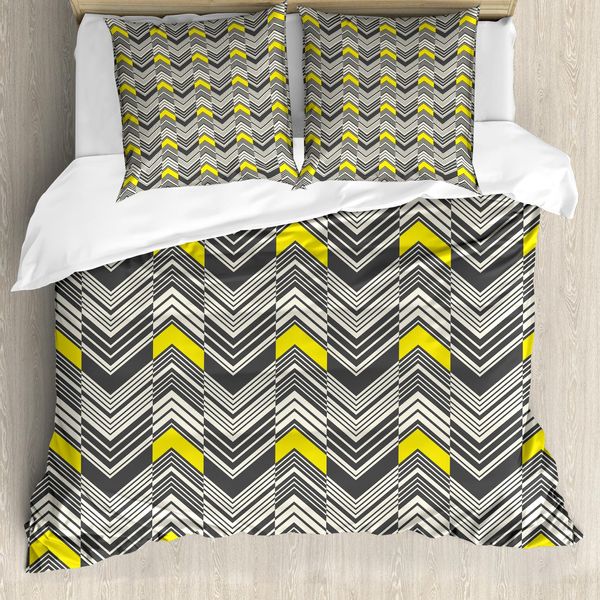 Set Copripiumino Retrò Abakuhaus Per Letti Singoli, Motivo Nostalgico A Zig Zag, Antiacaro E Anallergico, Con Federa, 155 Cm X 220 Cm - 80 X 80 Cm, Giallo Avorio E Grigio-image