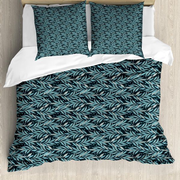 Abakuhaus Set Copripiumino Botanico Per Letti Singoli, Foglie Orientali E Fiori, Antiacaro, Adatto A Chi Soffre Di Allergie, Con Federa, 155 Cm X 220 Cm - 80 X 80 Cm, Blu Petrolio E Blu Mare-image