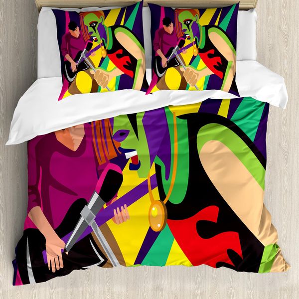 Abakuhaus Set Copripiumino Rock'n'Roll Per Letti Singoli, Creativo E Gotico, Antiacaro, Adatto A Chi Soffre Di Allergie, Con Federa, 155 Cm X 220 Cm - 80 X 80 Cm, Viola Scuro Multicolore-image